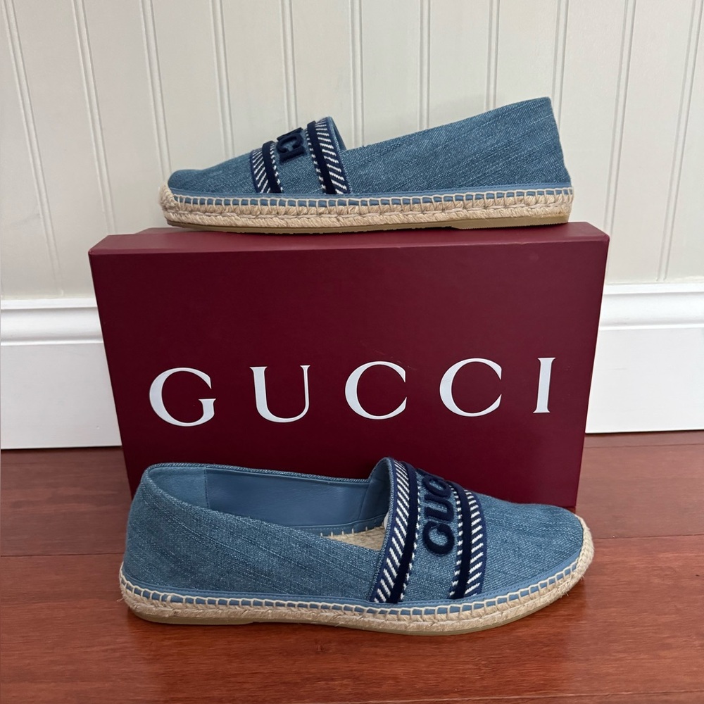 Gucci Ines Espadrille Flats Logo  Embroidered Denim Blue. Various Size Available